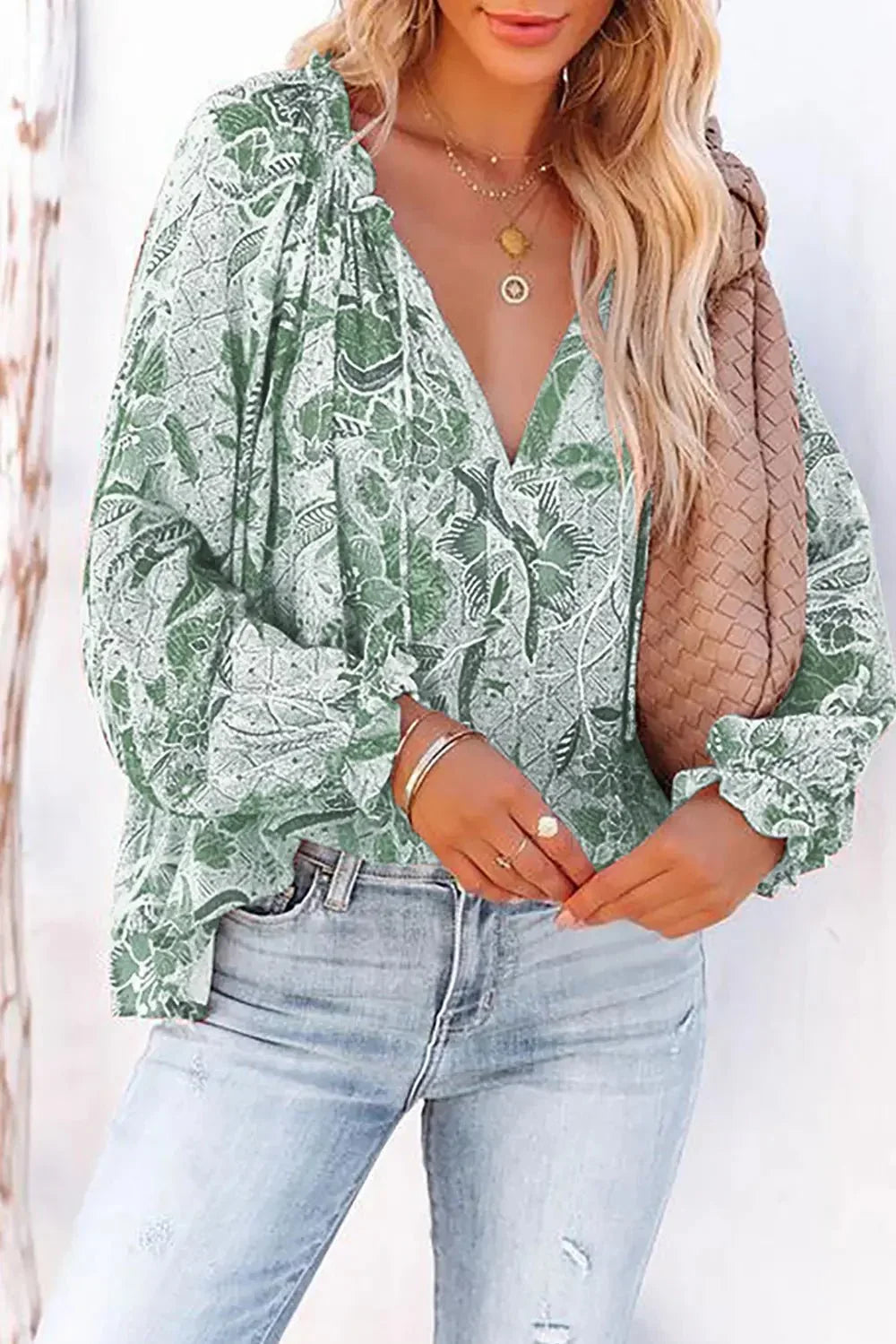 Floral Tie Neck Flounce Sleeve Blouse - VILLA FASHION